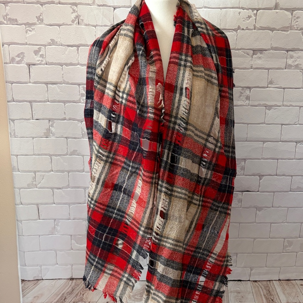 Cozy Red, Navy, and Beige Plaid Scarf